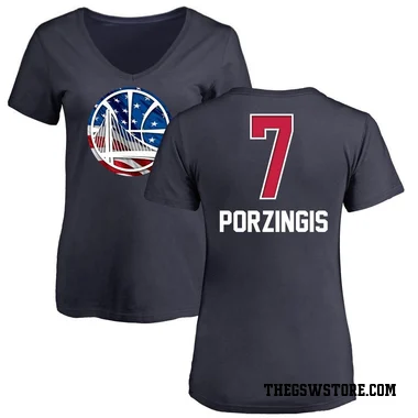 Gold Women's Kristaps Porzingis Golden State Warriors Navy Name and Number Banner Wave V-Neck T-Shirt