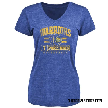 Gold Women's Kristaps Porzingis Golden State Warriors Royal Baseline T-Shirt